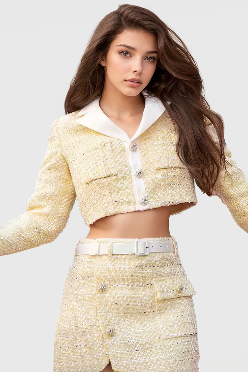 Louis Vuitton Yellow Tweed Blazer and Skirt Set M For Sale at