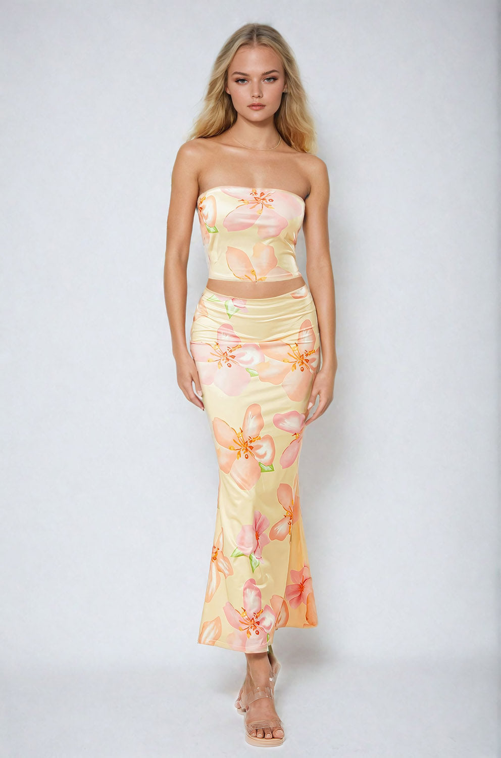 Two-Piece Set with Printed Tube top and Long Skirt - Yellow