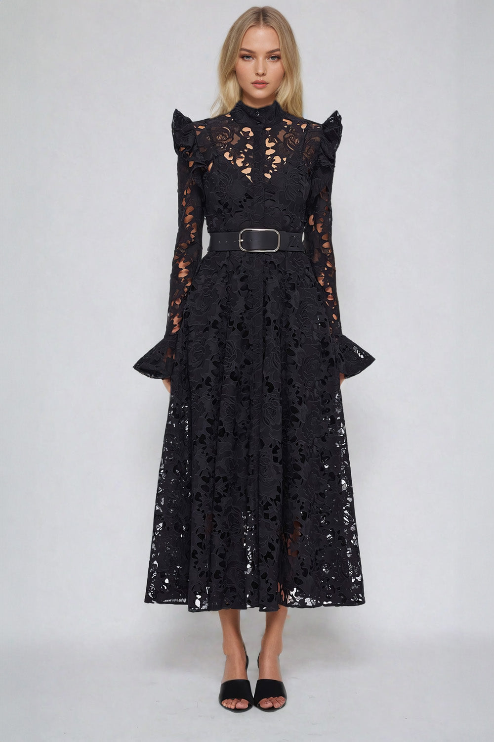 Button-Down Lace Midi Dress with Belt