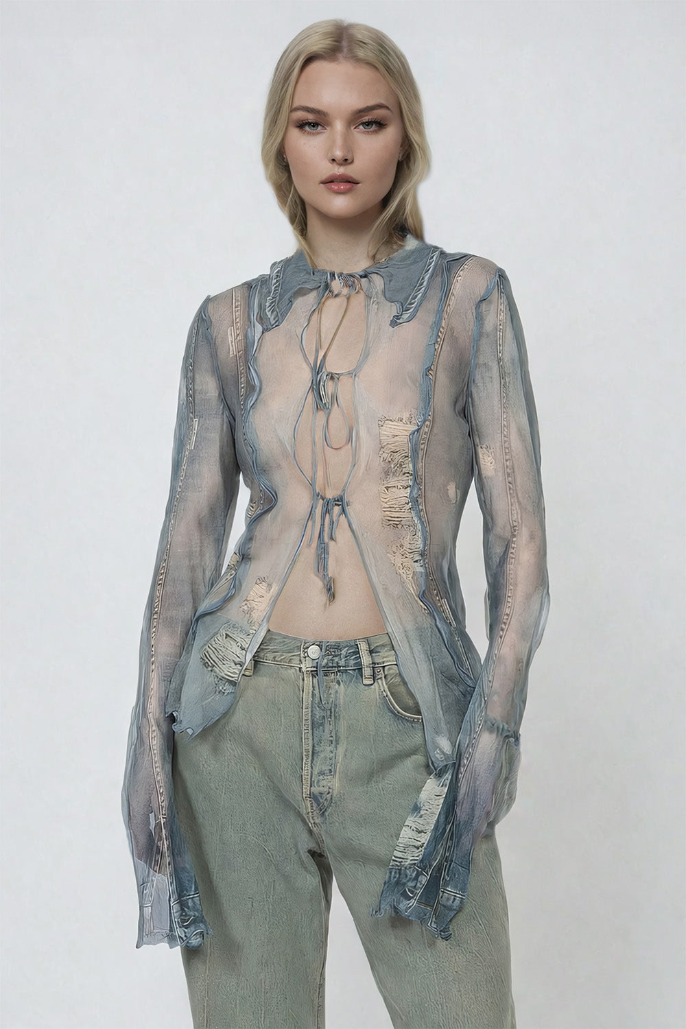 See-Through Lace-Up Denim Print Top - Blue