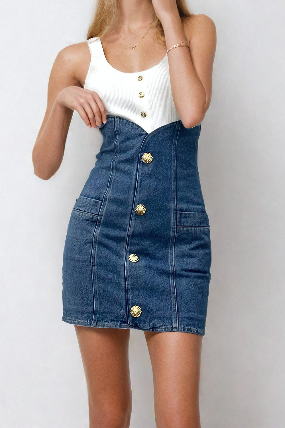 High Waist Mini Skirt with Gold Accents - Blue