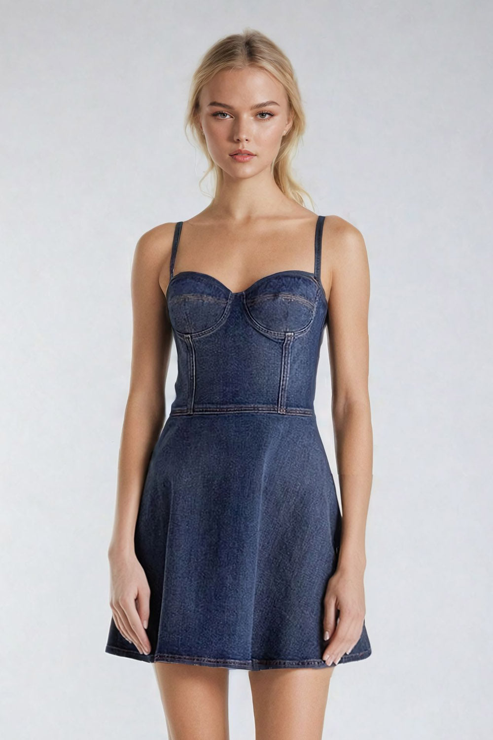 Denim Corset Mini Dress with Sweetheart Neckline - Blue