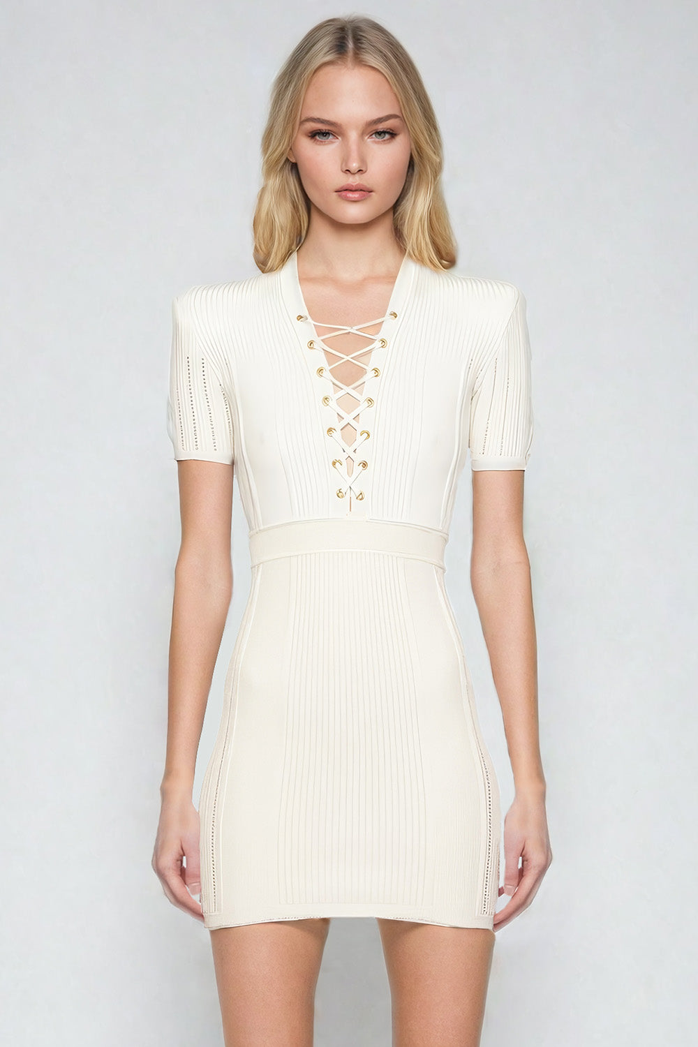 V-Neck Lace-Up Knitted Mini Dress - White