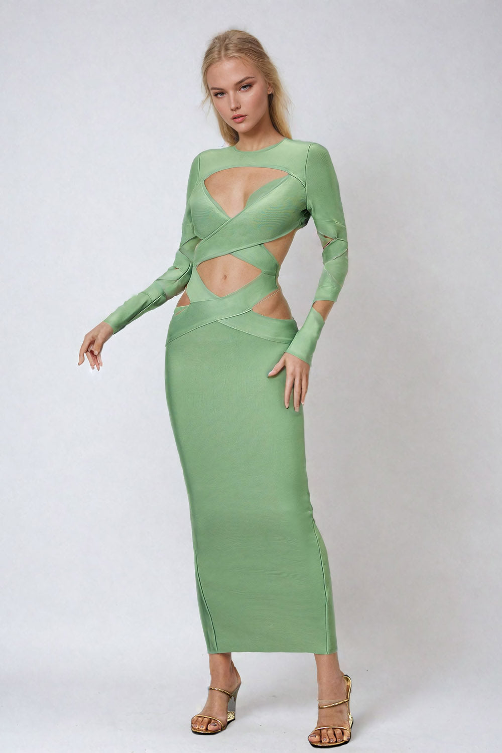 Midi šaty na tělo s páskem - zelené