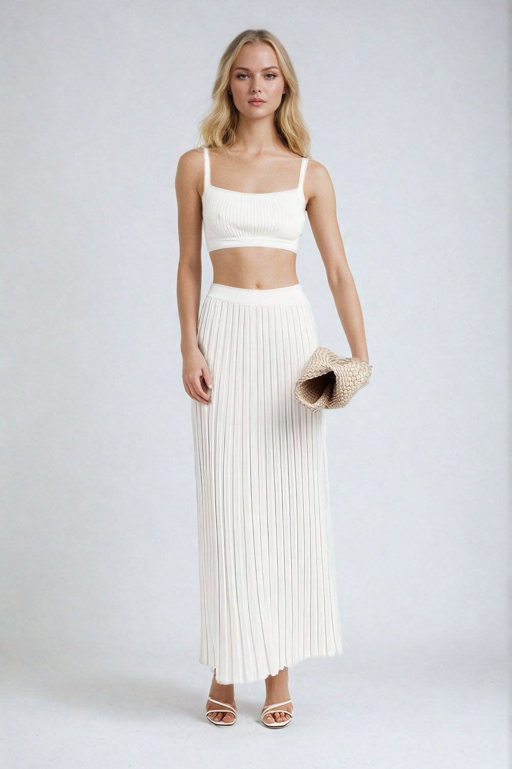 Knitted Two-Piece Set with Cropped Top and Pleated Skirt - White