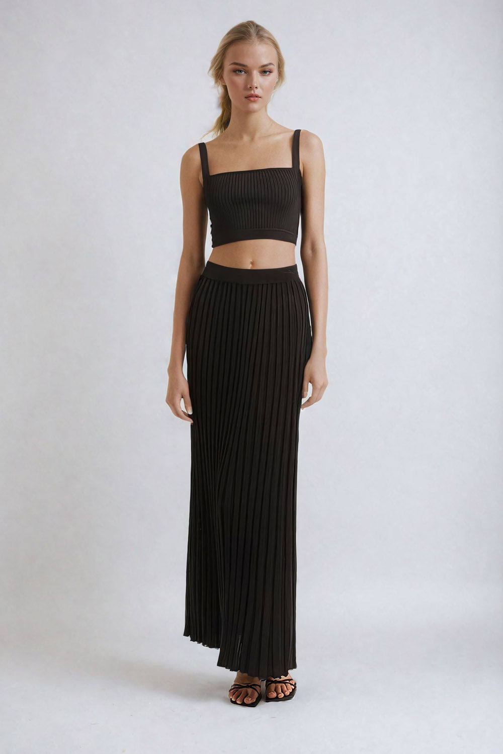Knitted Two-Piece Set with Cropped Top and Pleated Skirt - Black