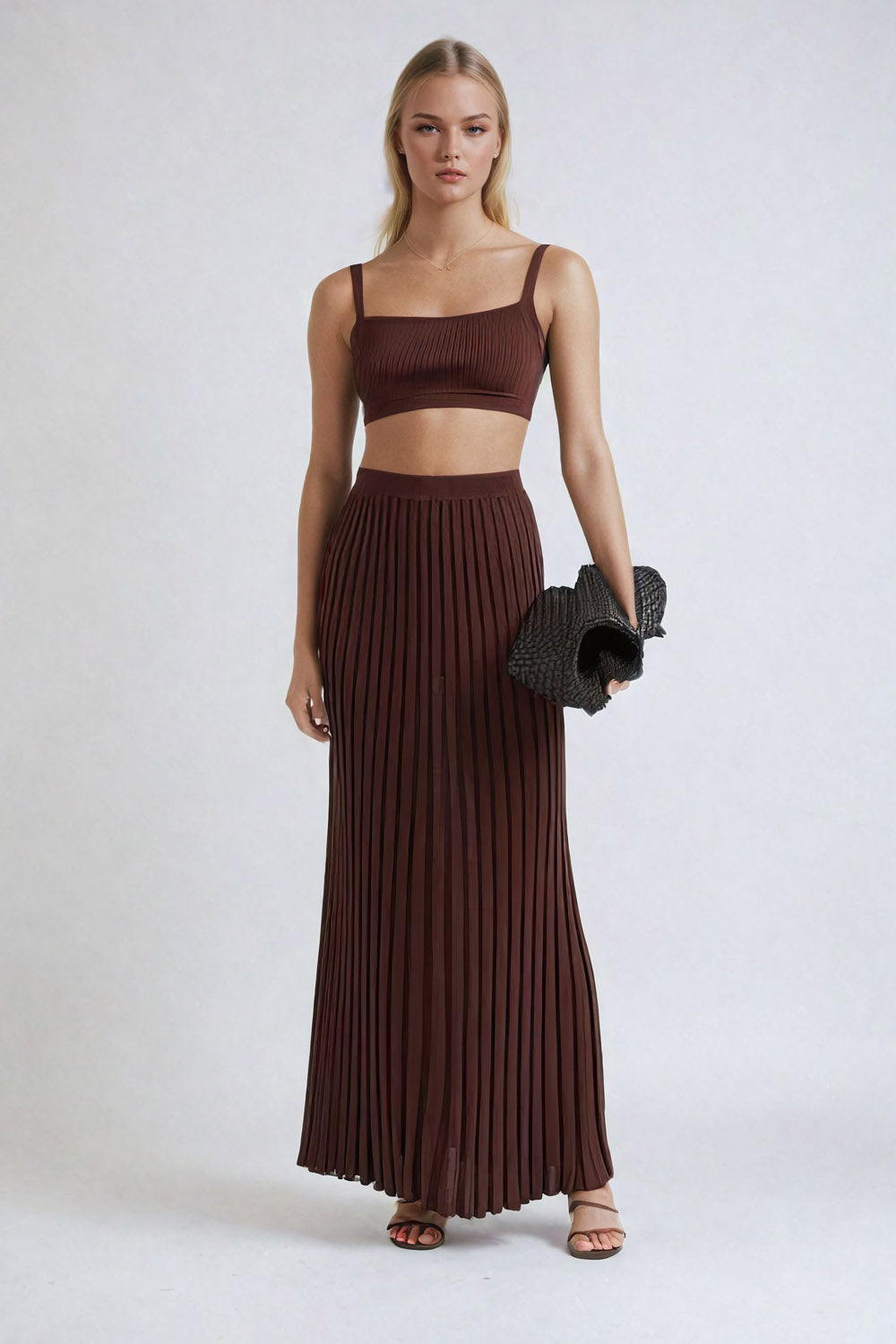 Knitted Two-Piece Set with Cropped Top and Pleated Skirt - Brown