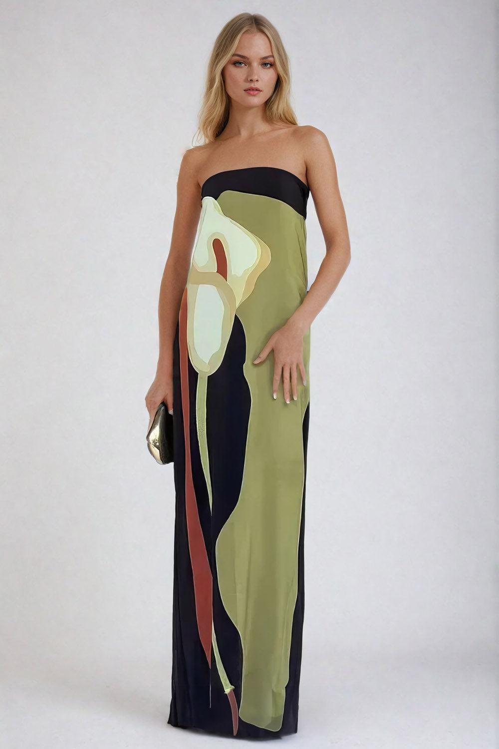 Abstract Floral Print Tube Top Maxi Dress - Zielona