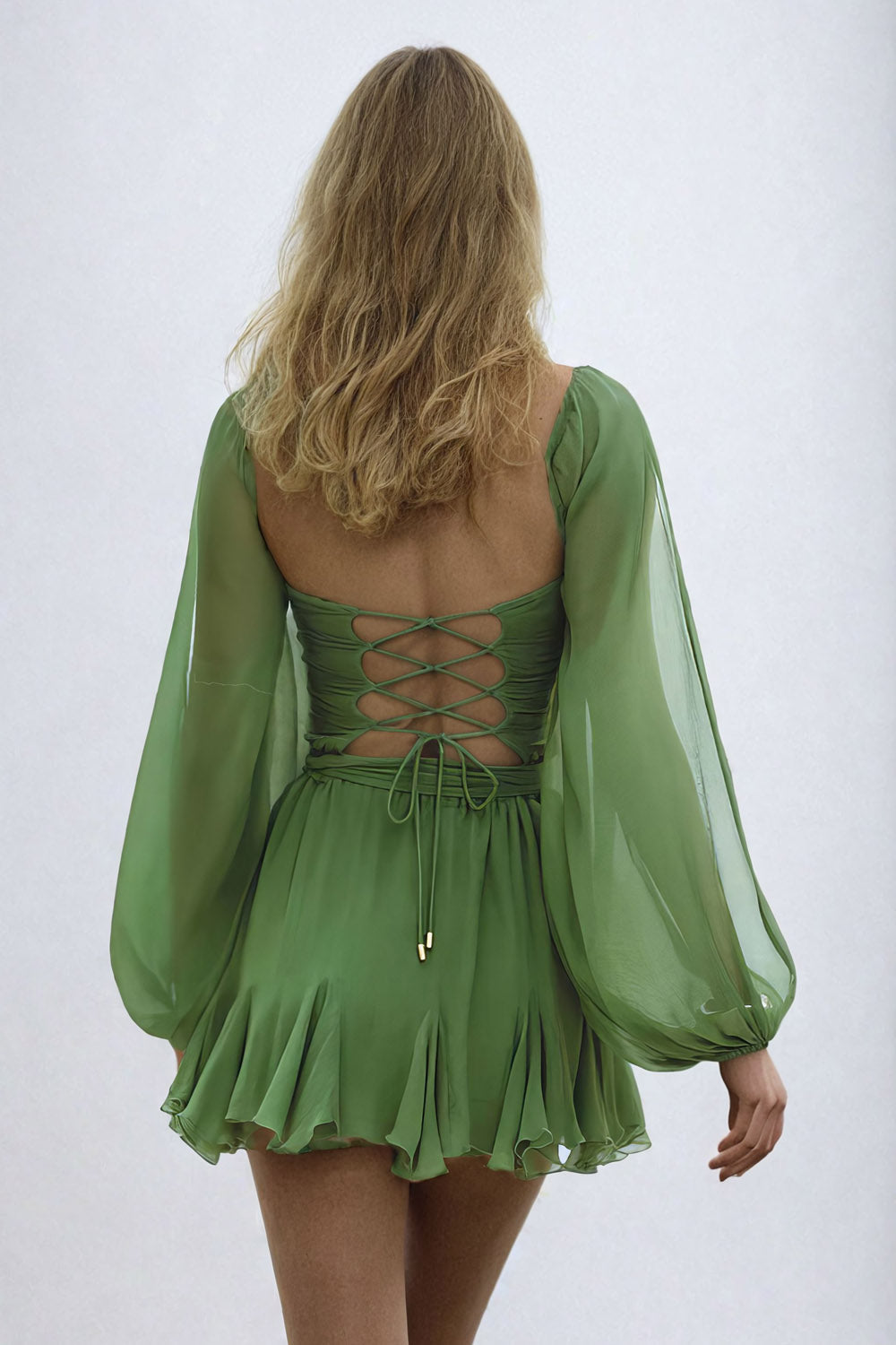 Stylish Lace-Up Mini Dress - Green
