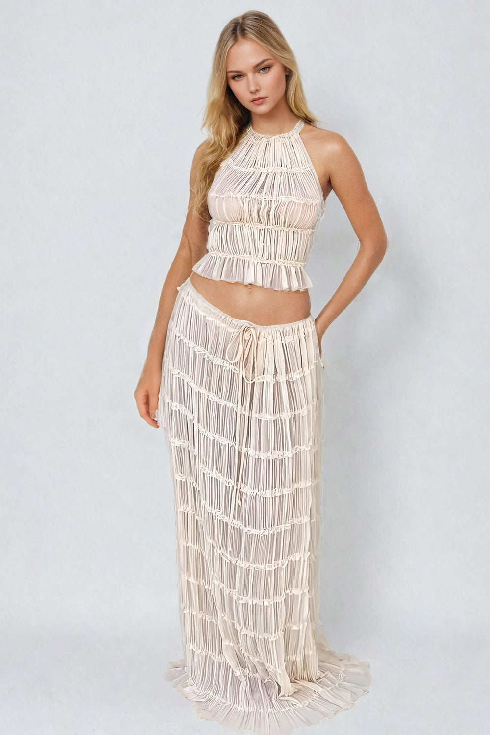 Textured Two-Piece Set with Top and Maxi Skirt - Beige