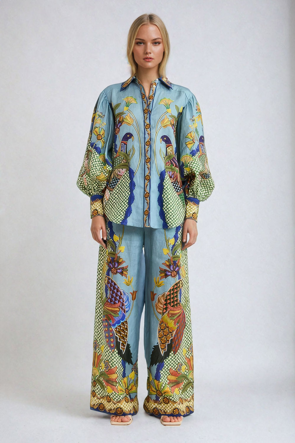 Printed Two-Piece Set with Oversized Shirt and Wide Pants - Blue