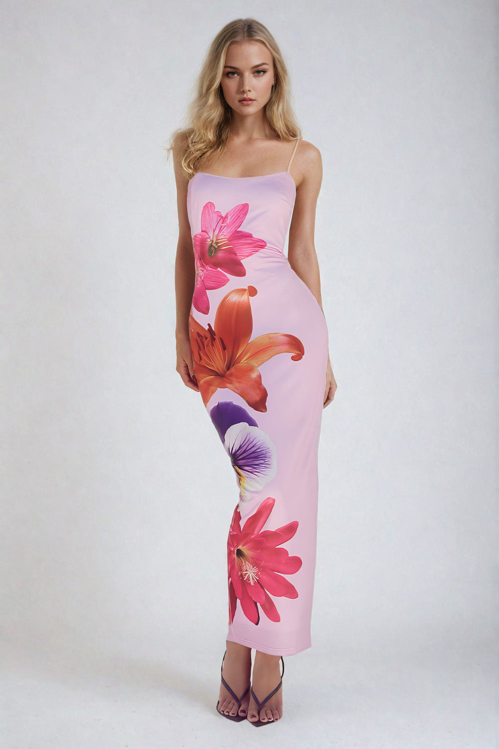 Přiléhavé maxi šaty s květinovým potiskem - růžové