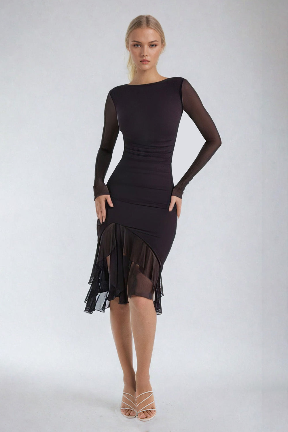 Ruffled Asymmetrical Midi Dress - Black