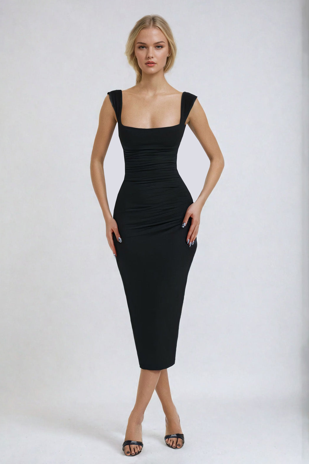 Bodycon Midi Dress with Square Neckline - Black