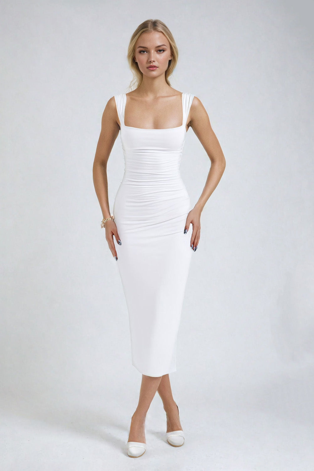 Bodycon Midi Dress with Square Neckline - White