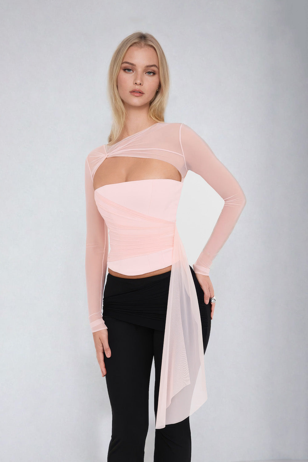 Long Sleeve Draped Accent Top - Pink