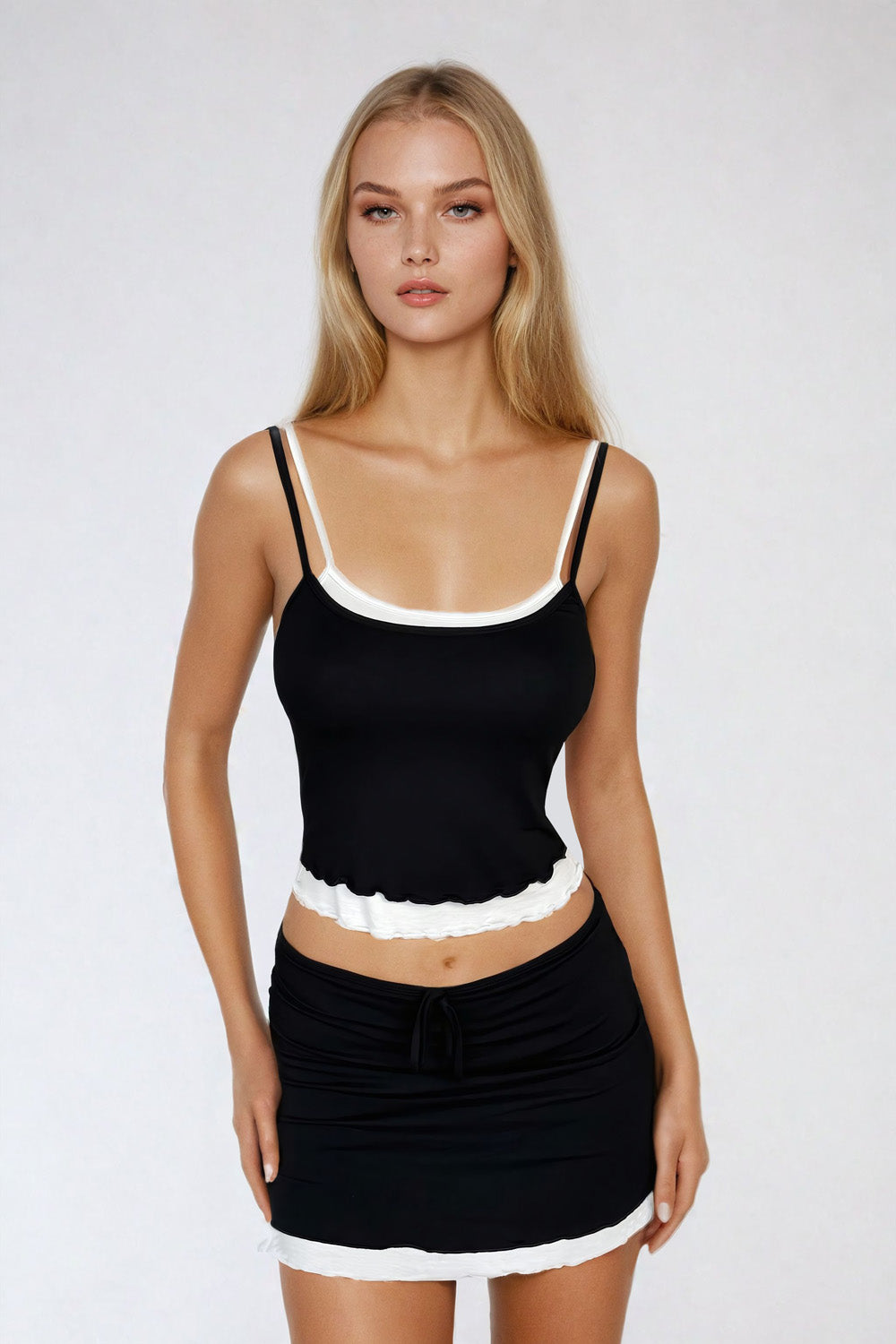 Two-Piece Set with Sleeveless Top and Mini Skirt - Black