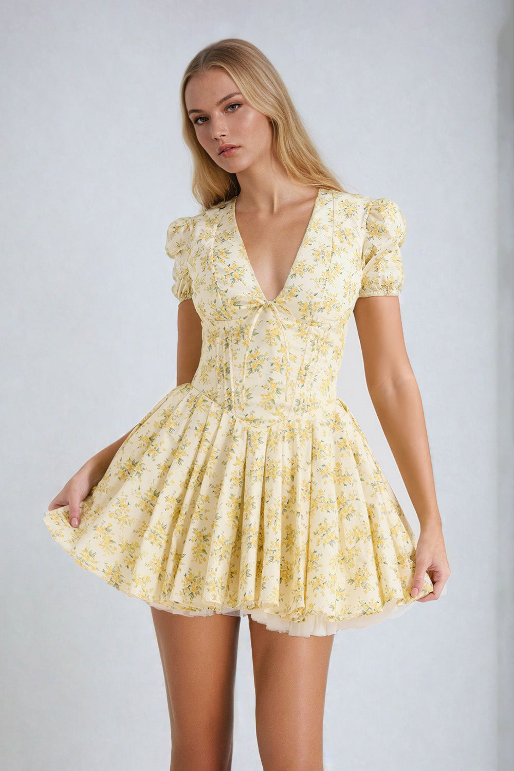 V-Neck Mini Dress with Puffed Sleeve - Yellow