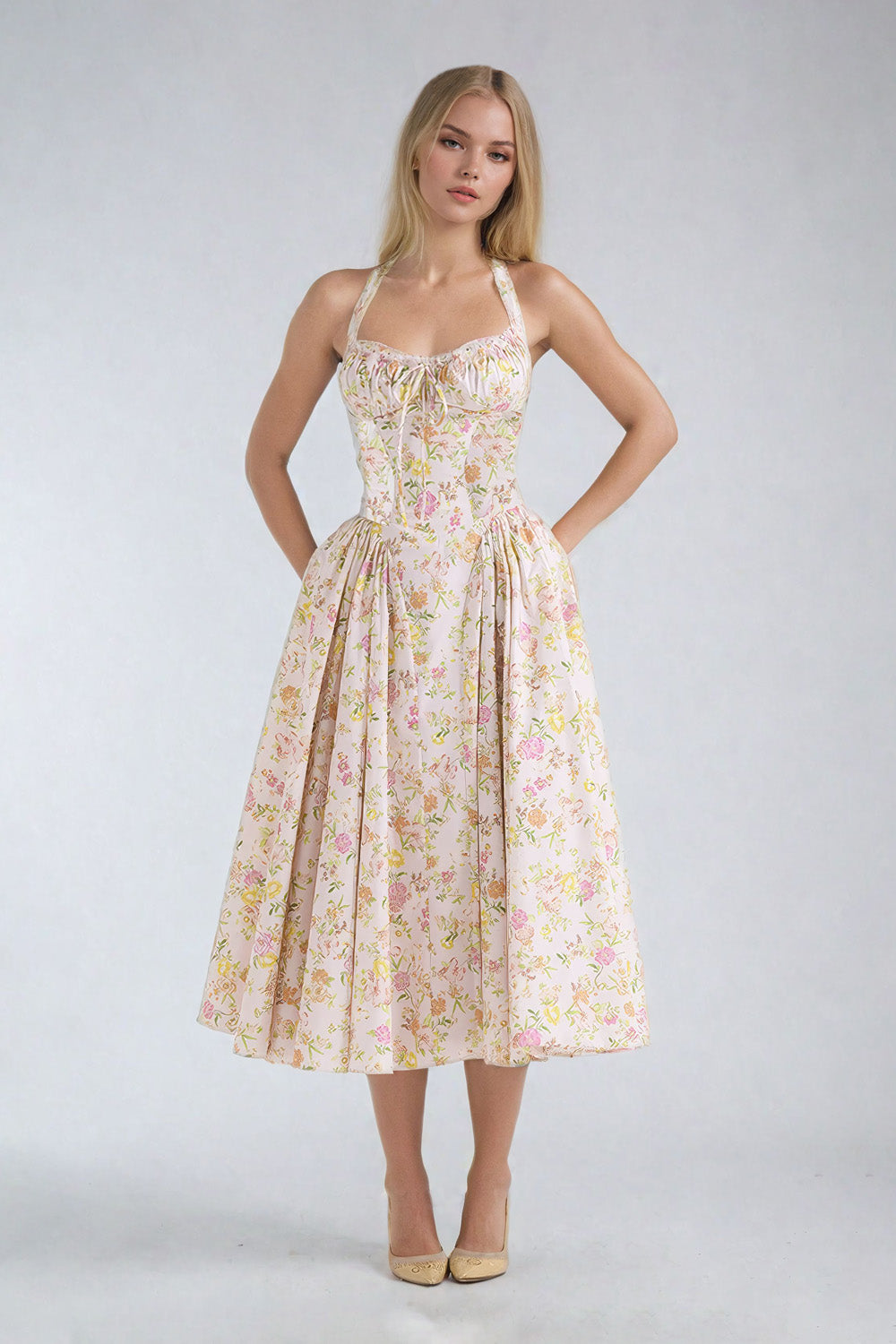 Halter Neck A-Line Floral Midi Dress - Beige