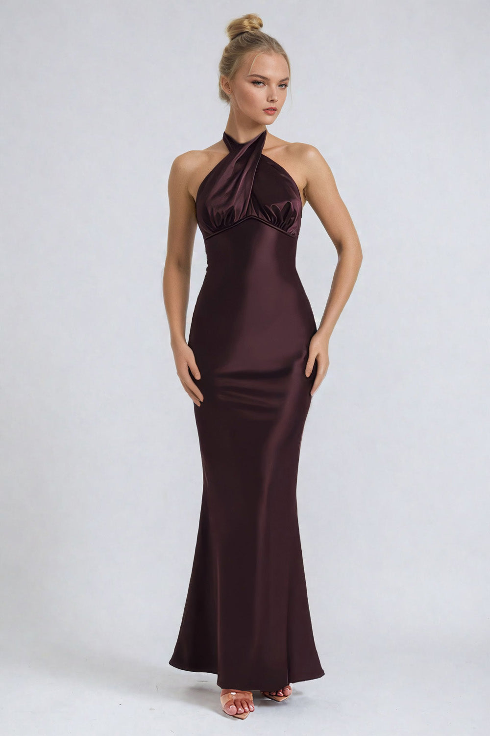 Elegantní maxi šaty s ohlávkou a mořskou pannou - vínové