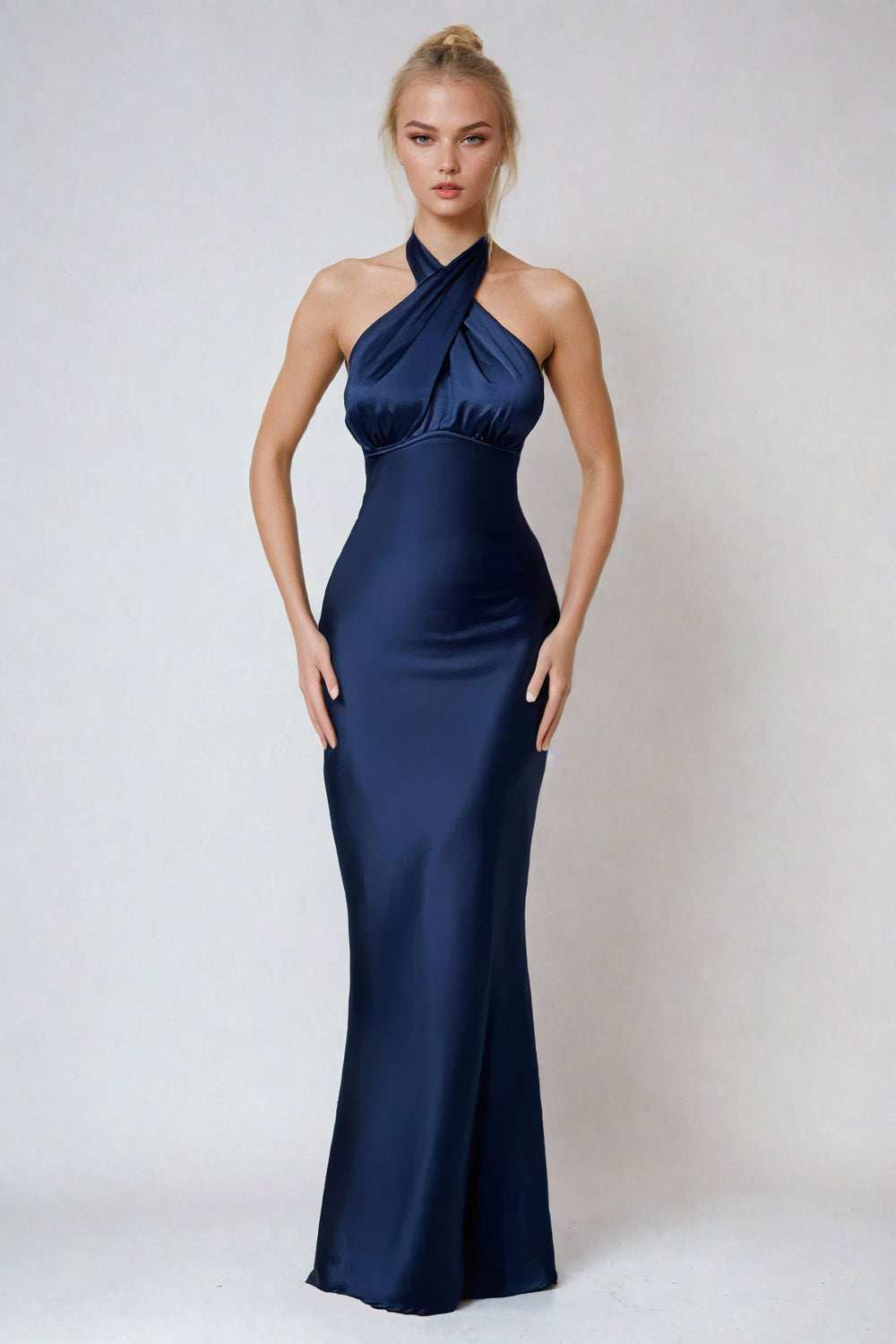 Elegant Halter Maxi Dress with Mermaid Flare - Dark Blue