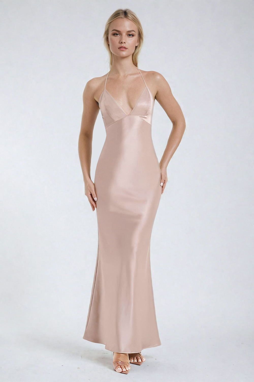 Backless Maxi Dress with Deep V-Neckline - Light Pink