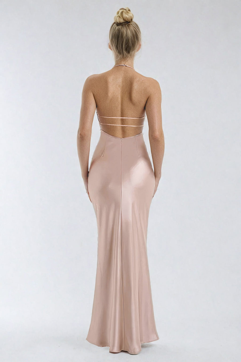 Backless Maxi Dress with Deep V-Neckline - Light Pink