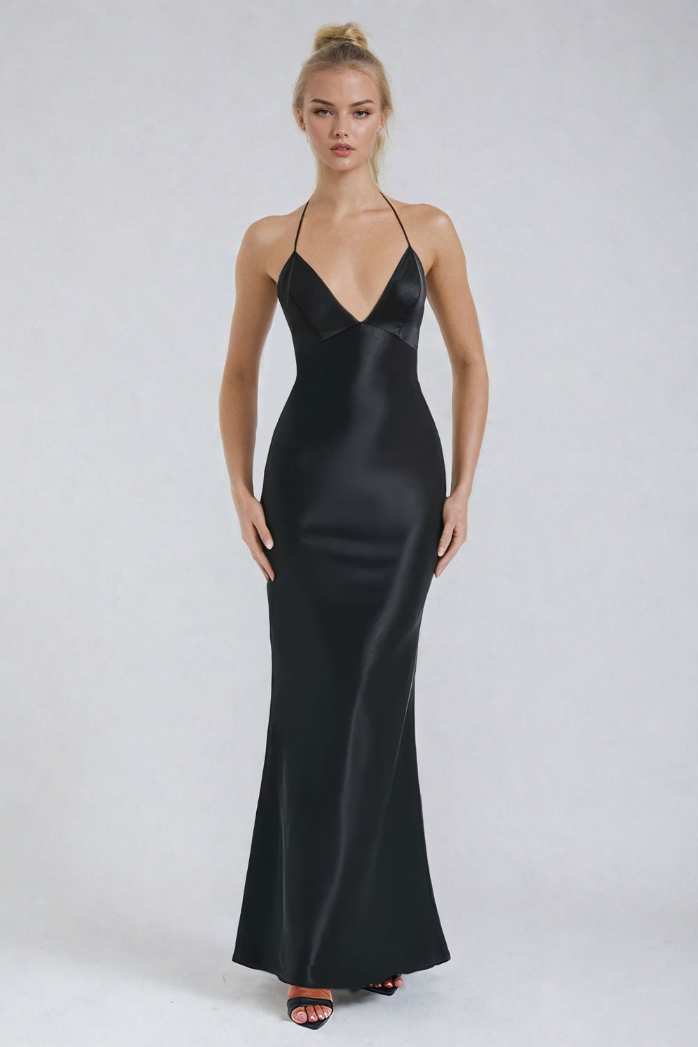 Sophisticated Backless Maxi Dress with Deep V-Neckline - Black