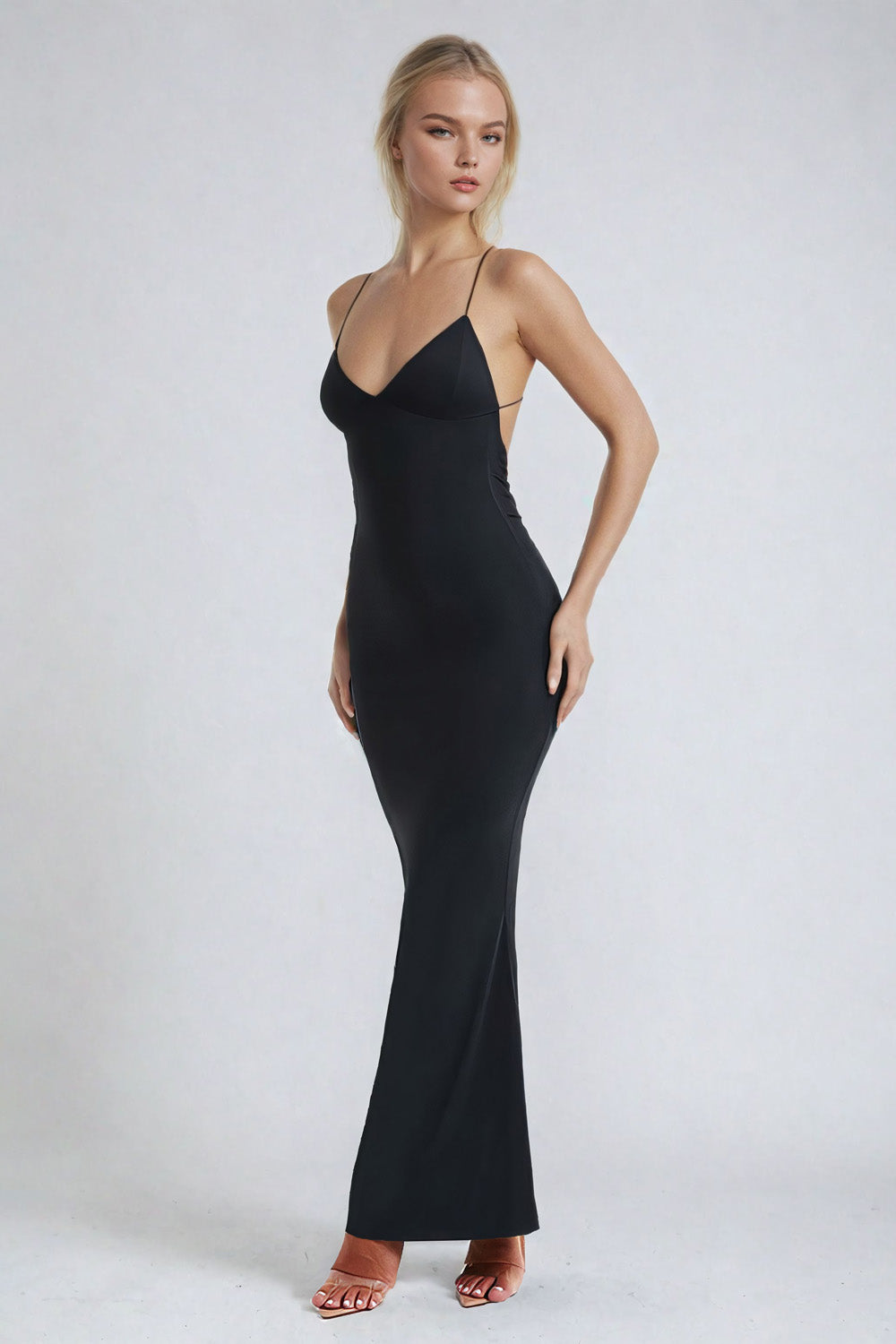 Fitted Backless Dress with Straps - Black