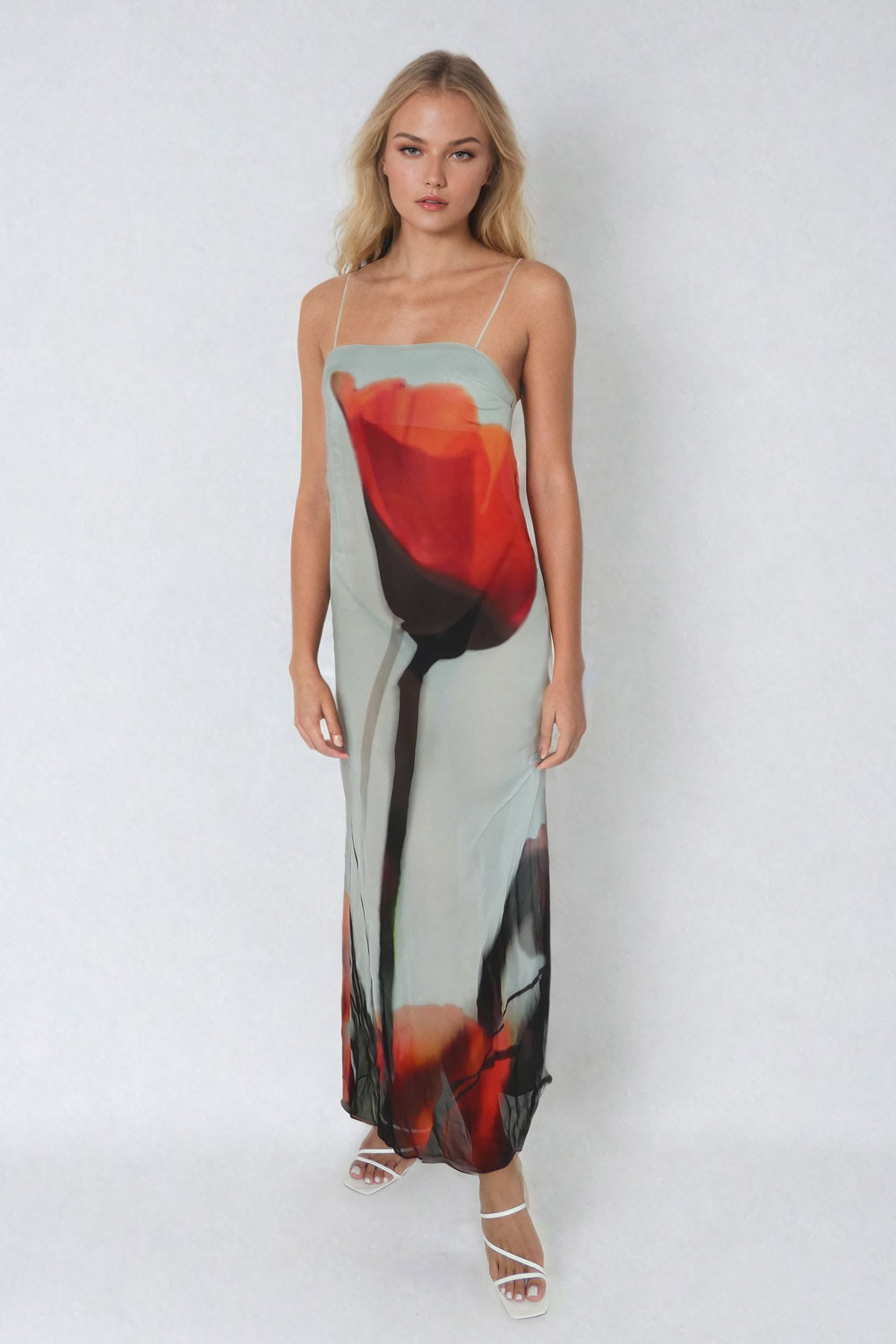 Maxi šaty s potiskem tulipánů - šedé