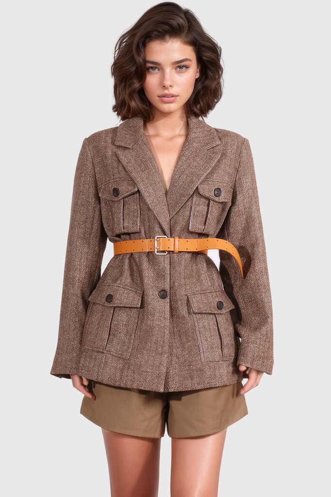 Single Breasted Blazer with Belt - Brown