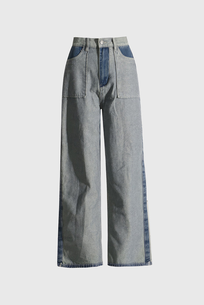 Jeans med hög midja i tvättad jeans - Blå