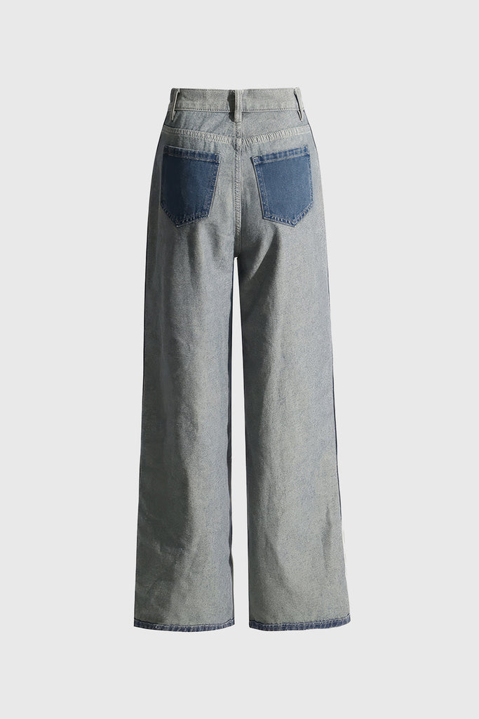 Jeans med høj talje i vasket denim - blå
