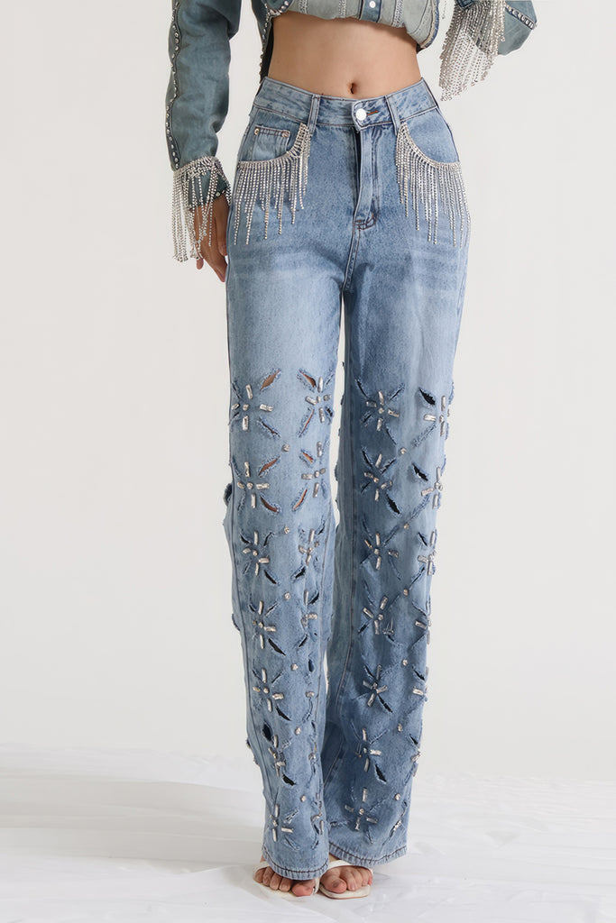 Jeans mit Strasssteinen - Blau