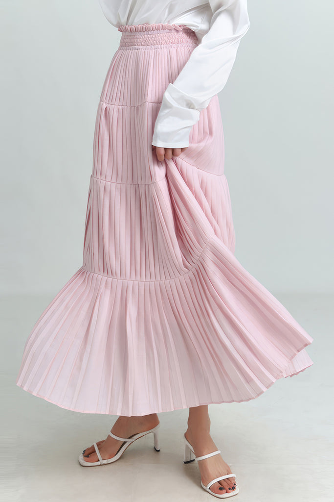 Midi Skirt with Elastic Waist - Pink