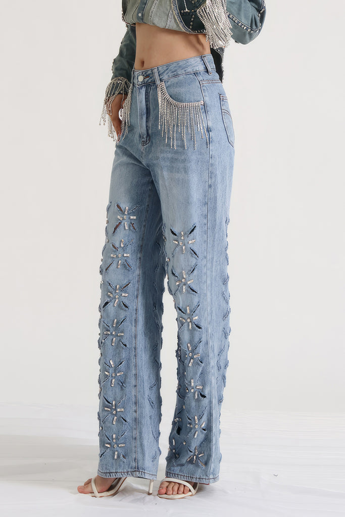 Jeans mit Strasssteinen - Blau