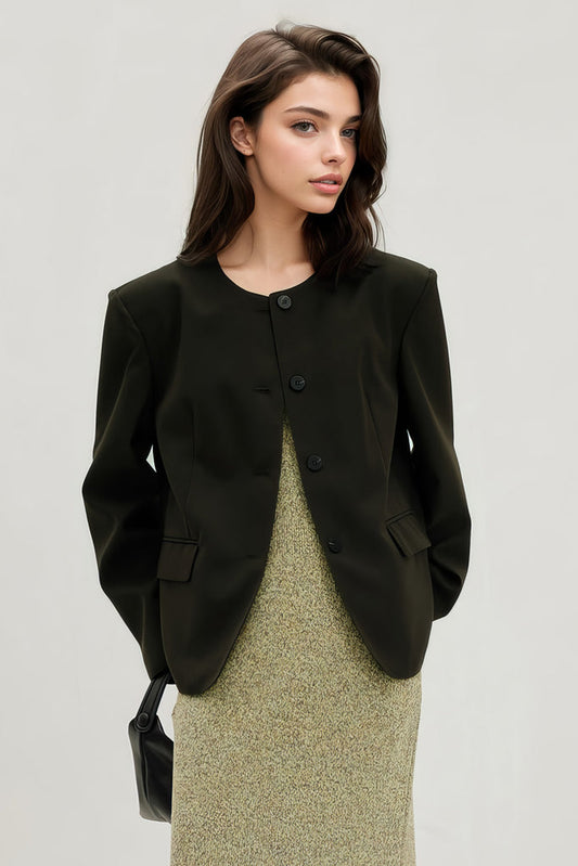 Blazer de un solo pecho con escote redondo - Verde oscuro