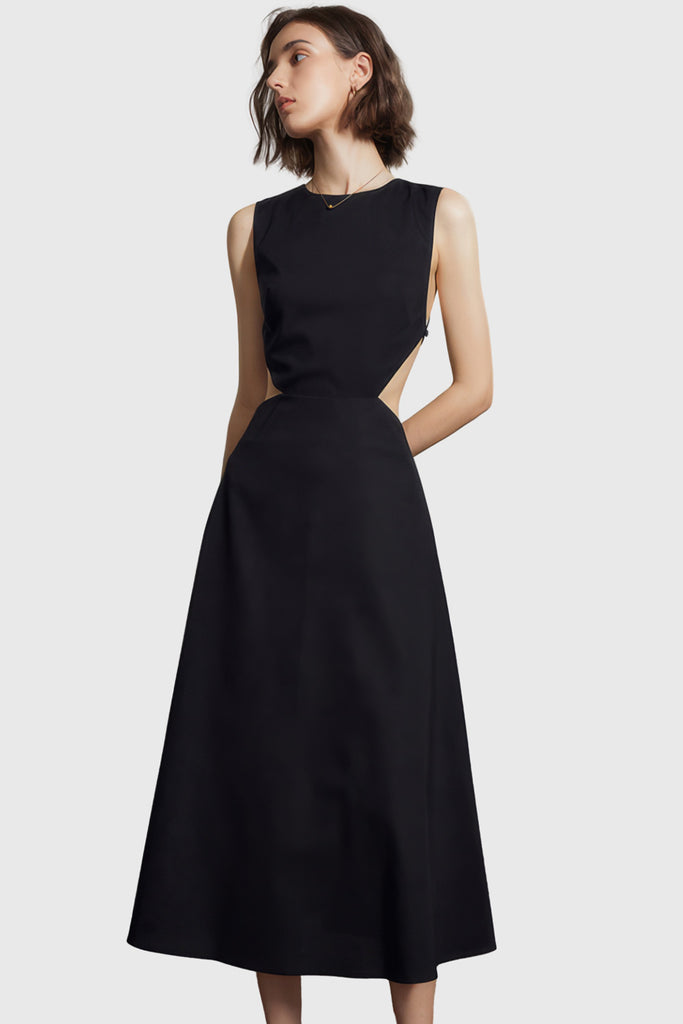 Midi Dress with Back Cuts - Black