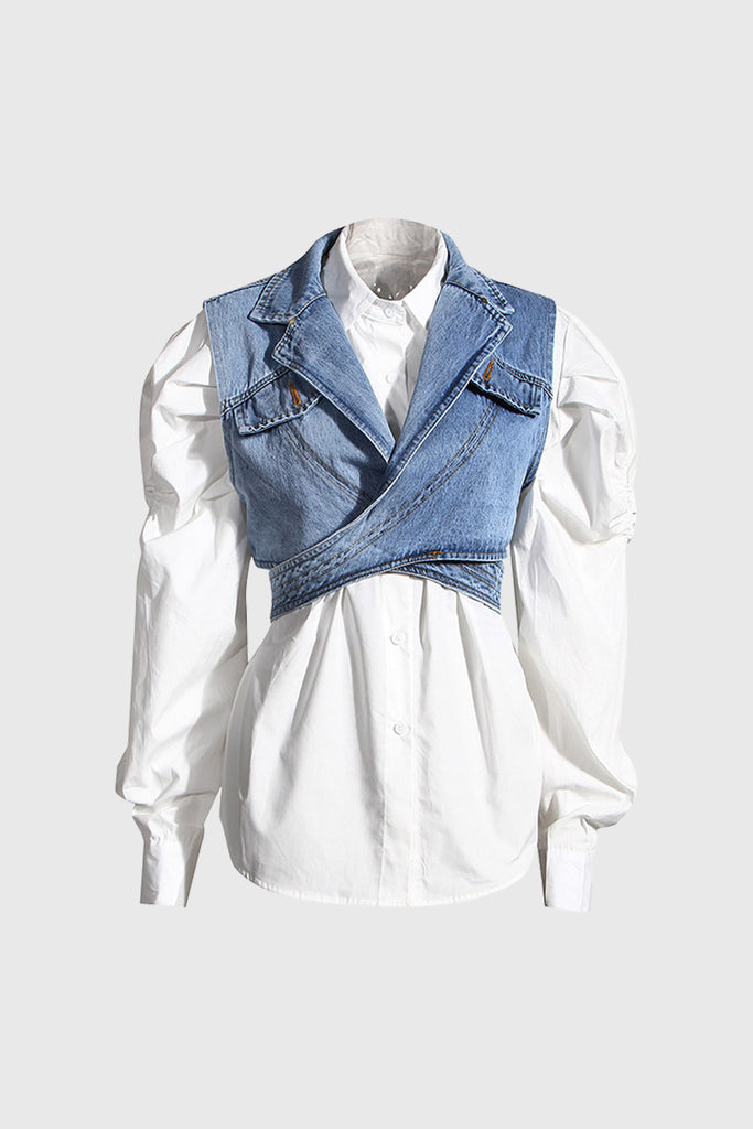 Chemise en denim avec gilet attenant - Blanc