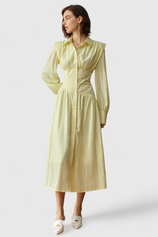 Robe midi boutonnée à manches longues - Jaune