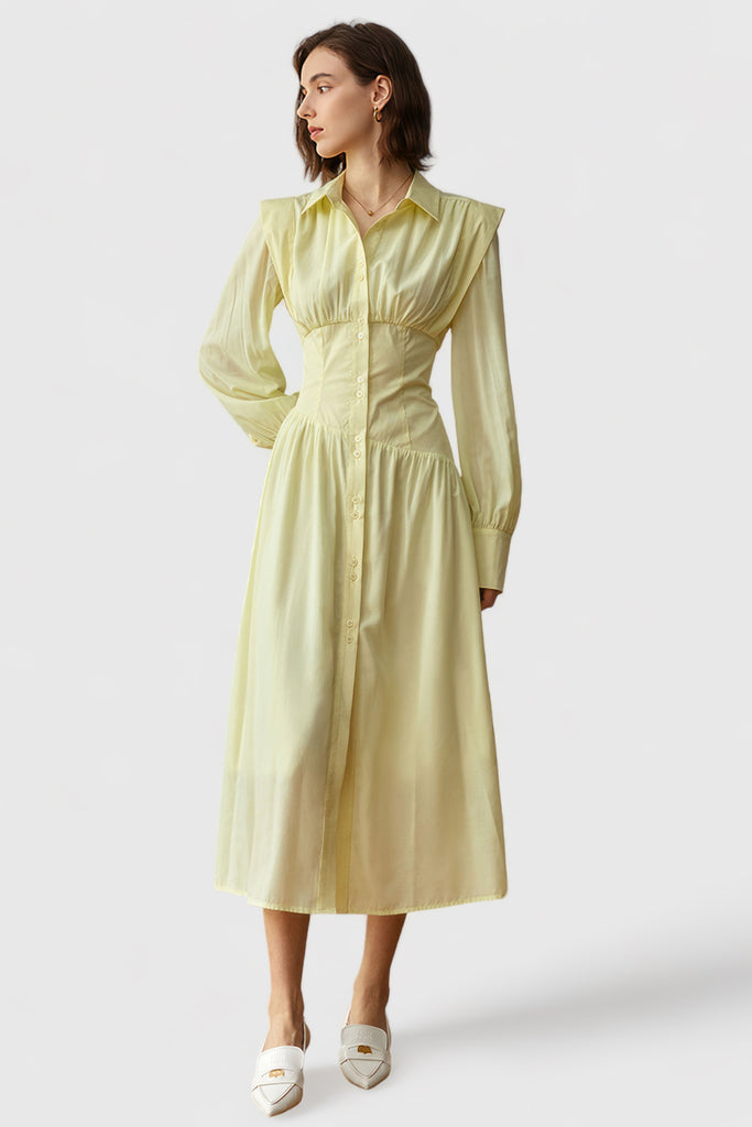 Buttoned Midi Dress With Long Sleeves - Yellow