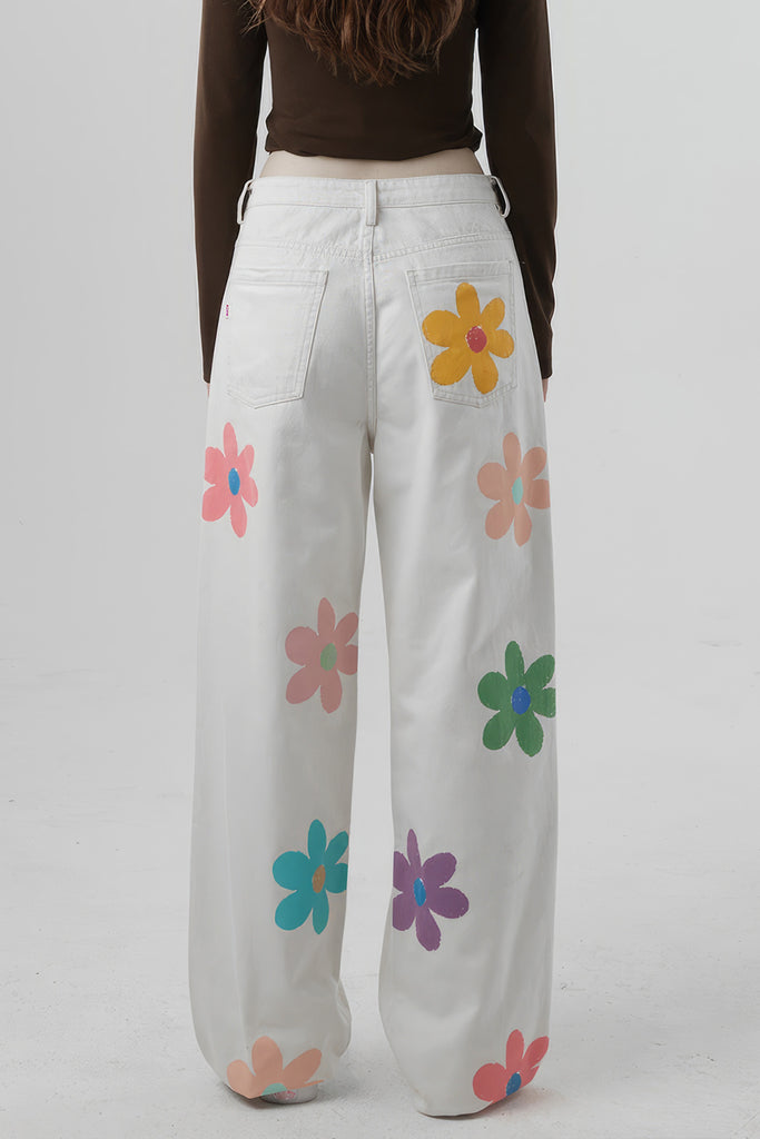 Jeans taille haute avec fleurs - Blanc