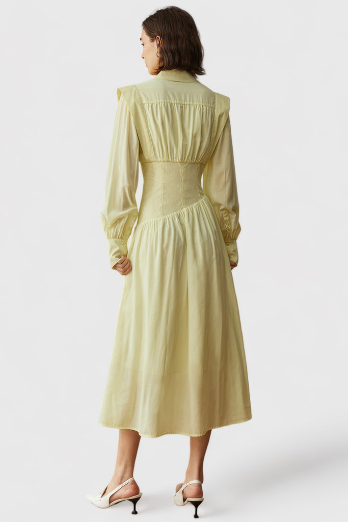 Zapinana na guziki sukienka midi z długimi rękawami - żółta