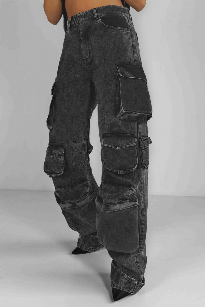 Cargo-Jeans mit niedriger Taille - Schwarz