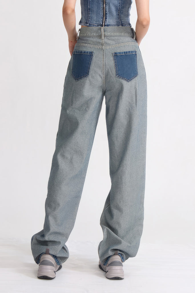 Džíny s vysokým pasem z oprané džínoviny - modré