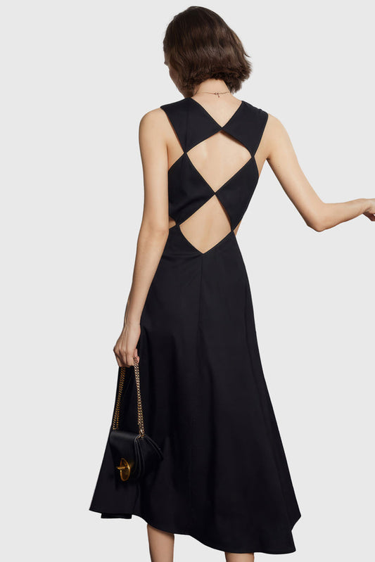 Midi Dress with Back Cuts - Black