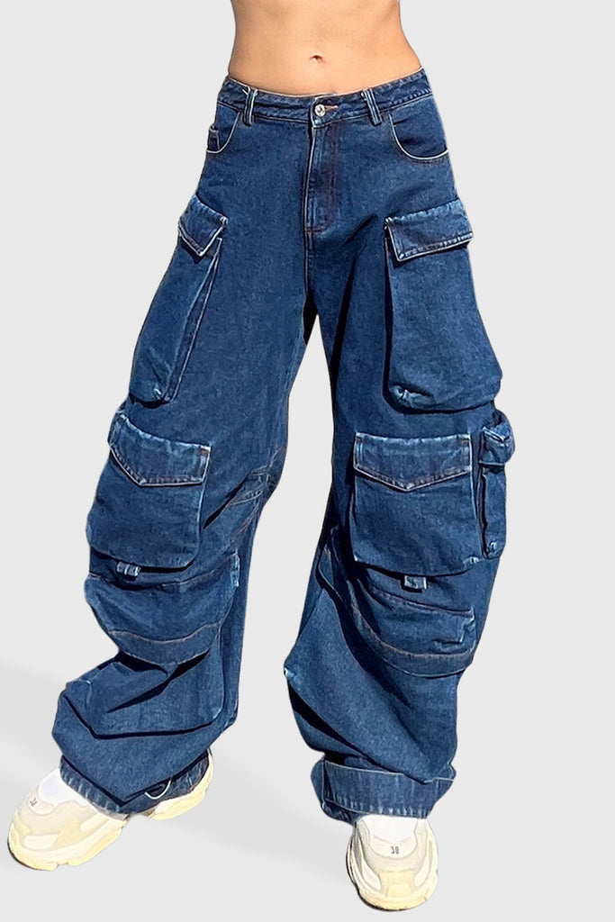 Jeans cargo a vita bassa - Blu