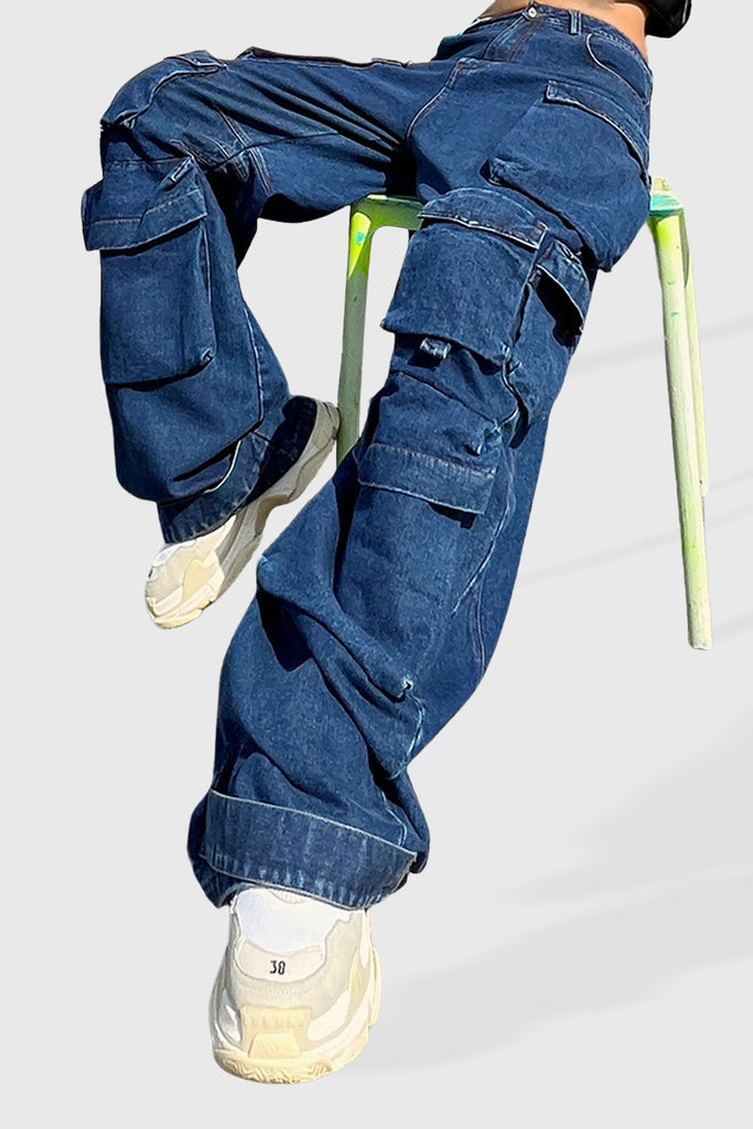 Cargo-jeans med lav talje - blå
