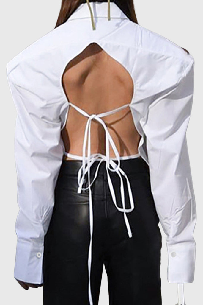 Shirt with Oversized Shoulders and Open Back - White