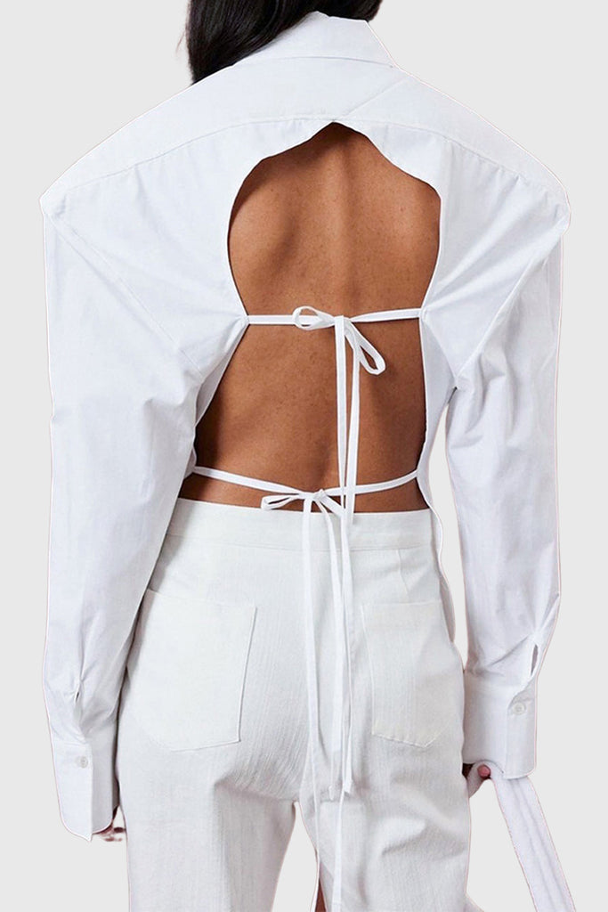 Shirt with Oversized Shoulders and Open Back - White